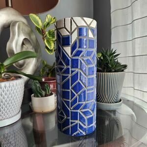 West Elm Handcrafted 10.5" Blue & White Heavy Mosaic Vase Decor Jar Art Pottery